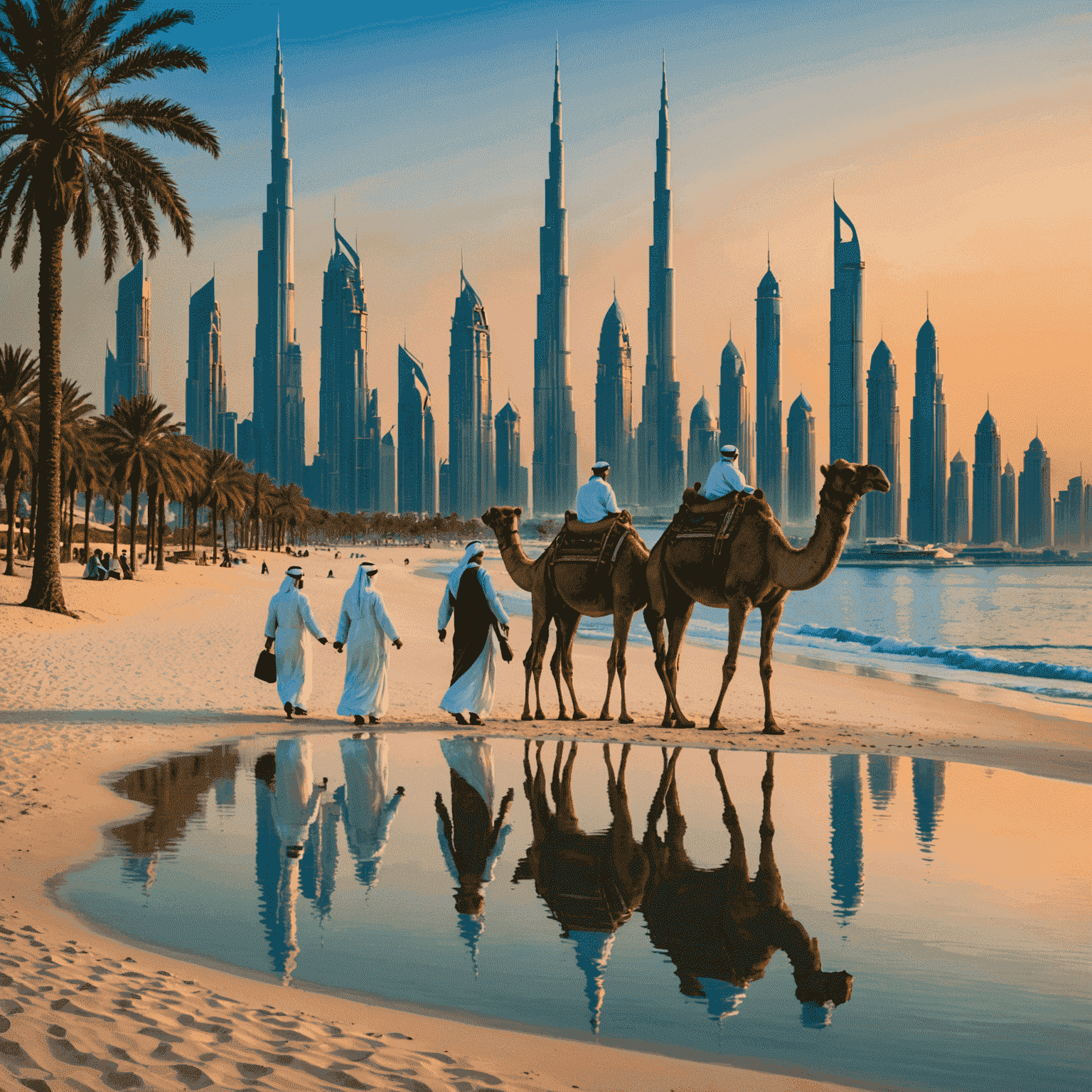 Panoramic view of Dubai skyline featuring iconic skyscrapers, palm-fringed beaches, and the vibrant city lights reflecting off the Persian Gulf. In the foreground, a happy family enjoys a camel ride along the shoreline, symbolizing the perfect blend of modernity and tradition that Dubai offers to travelers.