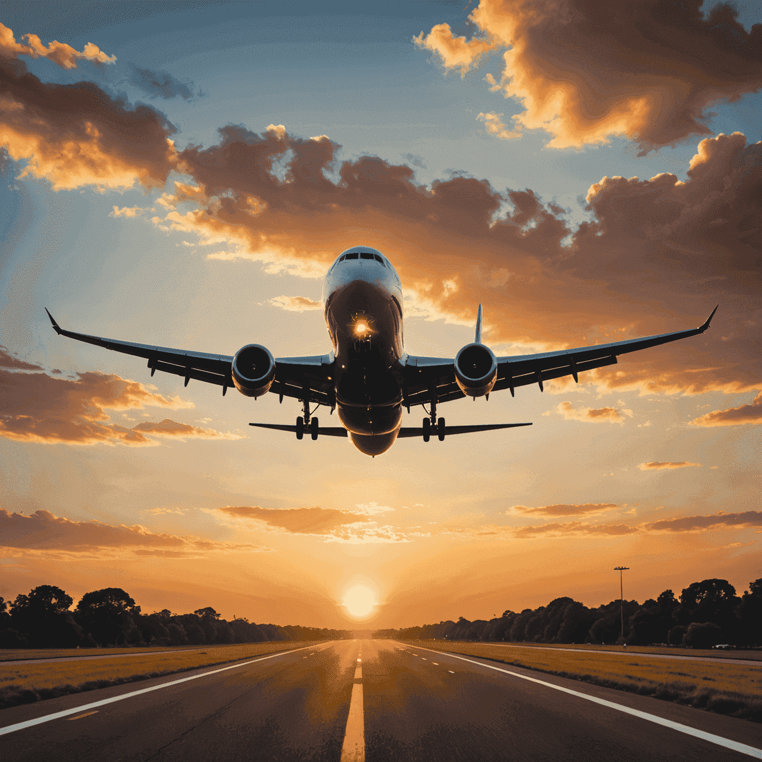 Airplane taking off against a sunset sky, symbolizing flight bookings and travel adventures