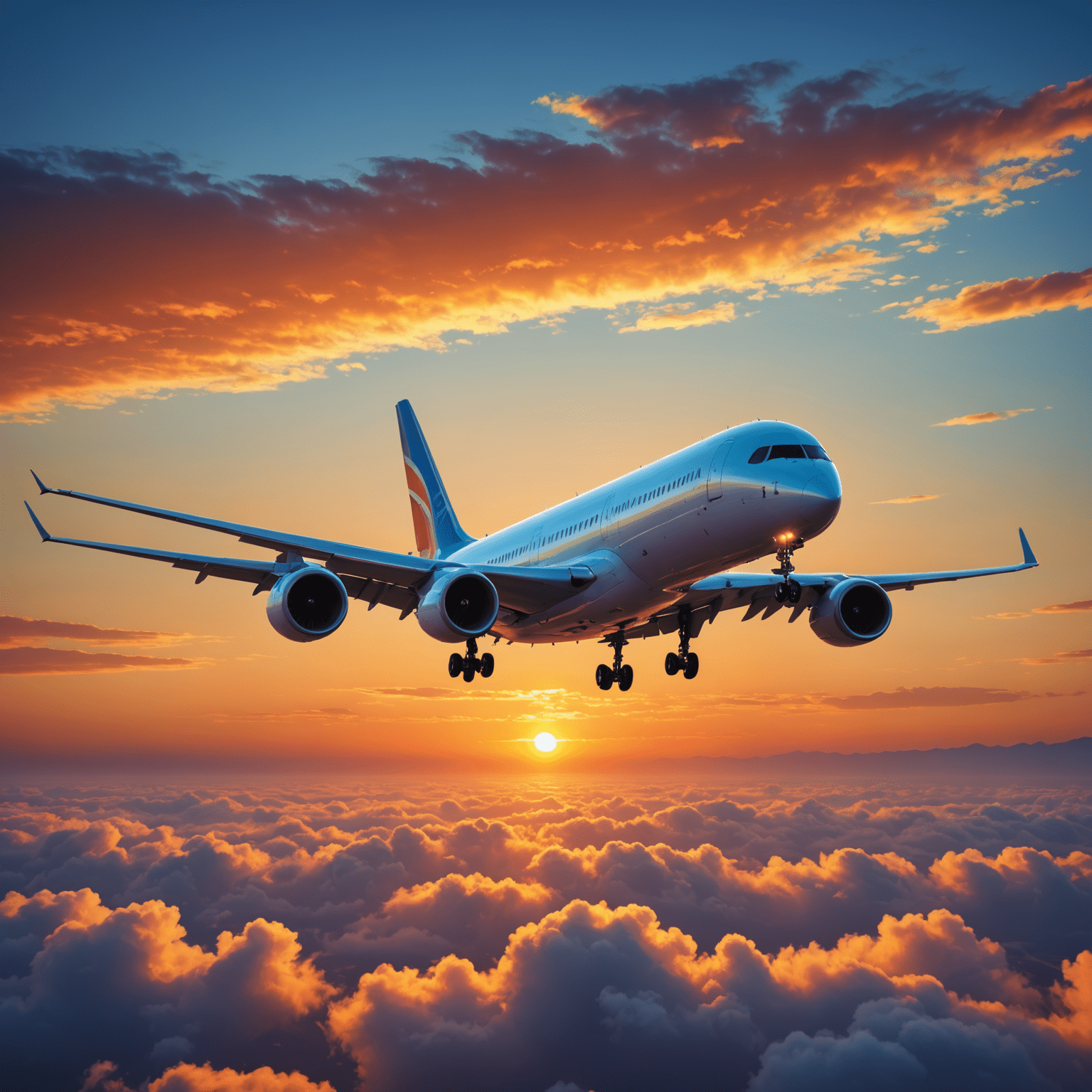 A modern airplane taking off against a vibrant sunset sky, symbolizing the start of an exciting journey