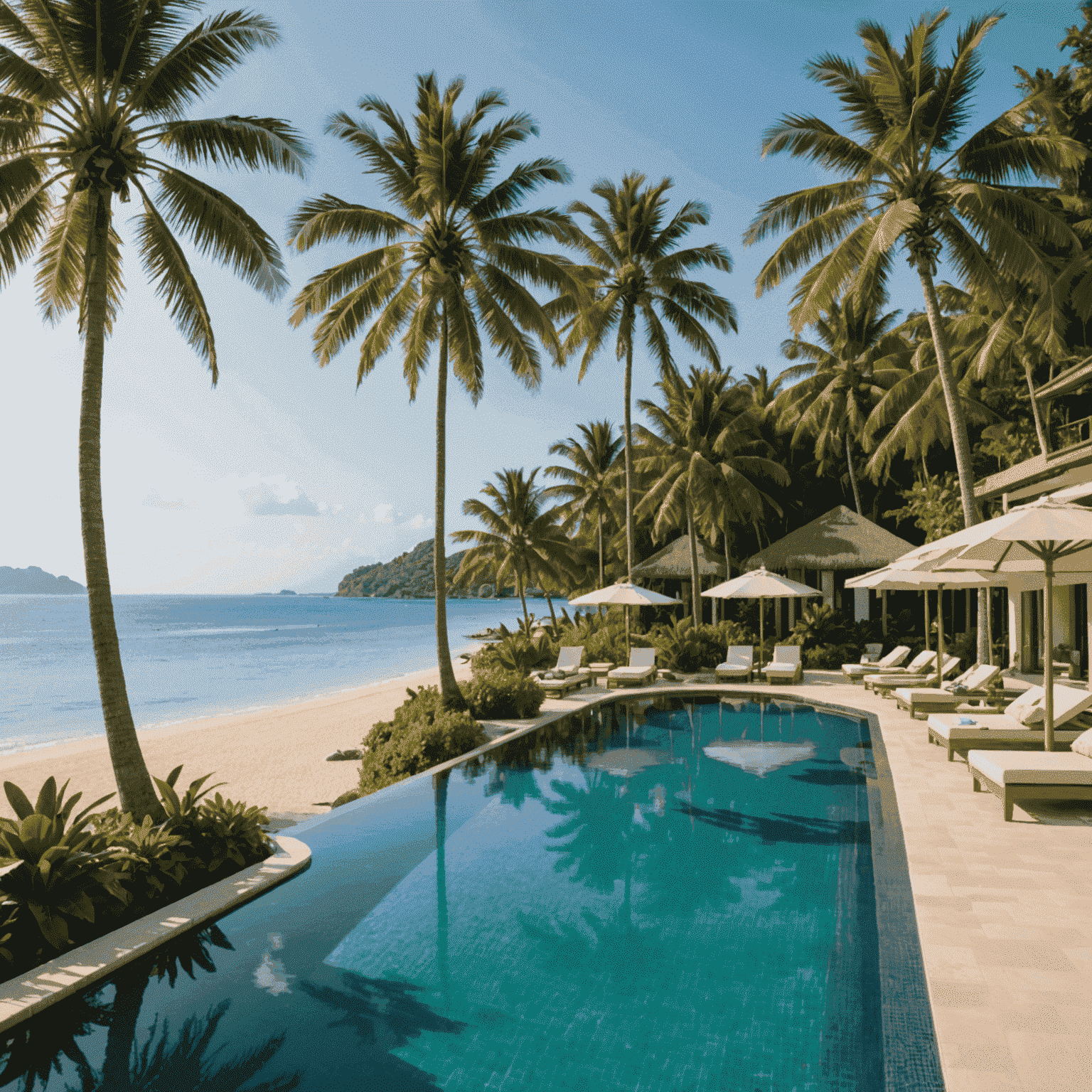 A luxurious resort with a stunning infinity pool overlooking a tropical beach. Palm trees line the shore, and elegant sun loungers are placed around the pool.