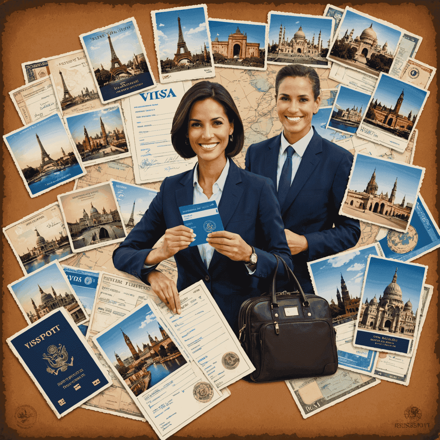 A montage of international passports, visa stamps, and a smiling travel agent assisting a client with visa paperwork. The image showcases various iconic landmarks from different countries in the background, symbolizing global travel opportunities.