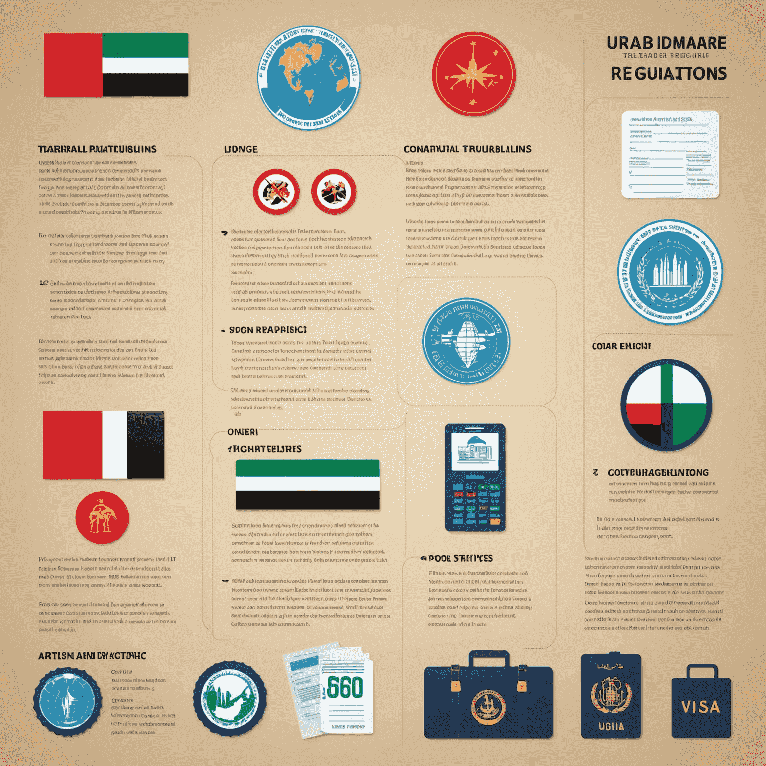 Infographic showing updated UAE travel regulations, including visa stamps and COVID-19 test icons