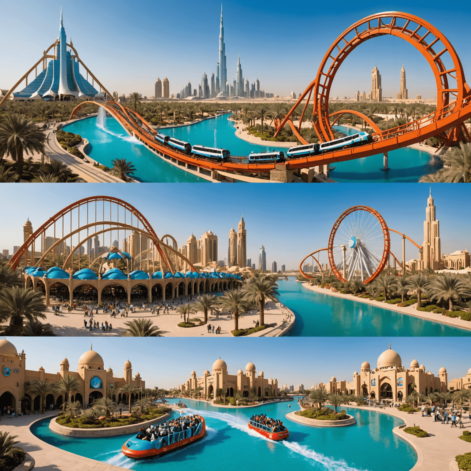 Collage of UAE attractions: Dubai theme park roller coaster, desert safari, and Dubai Mall fountain show