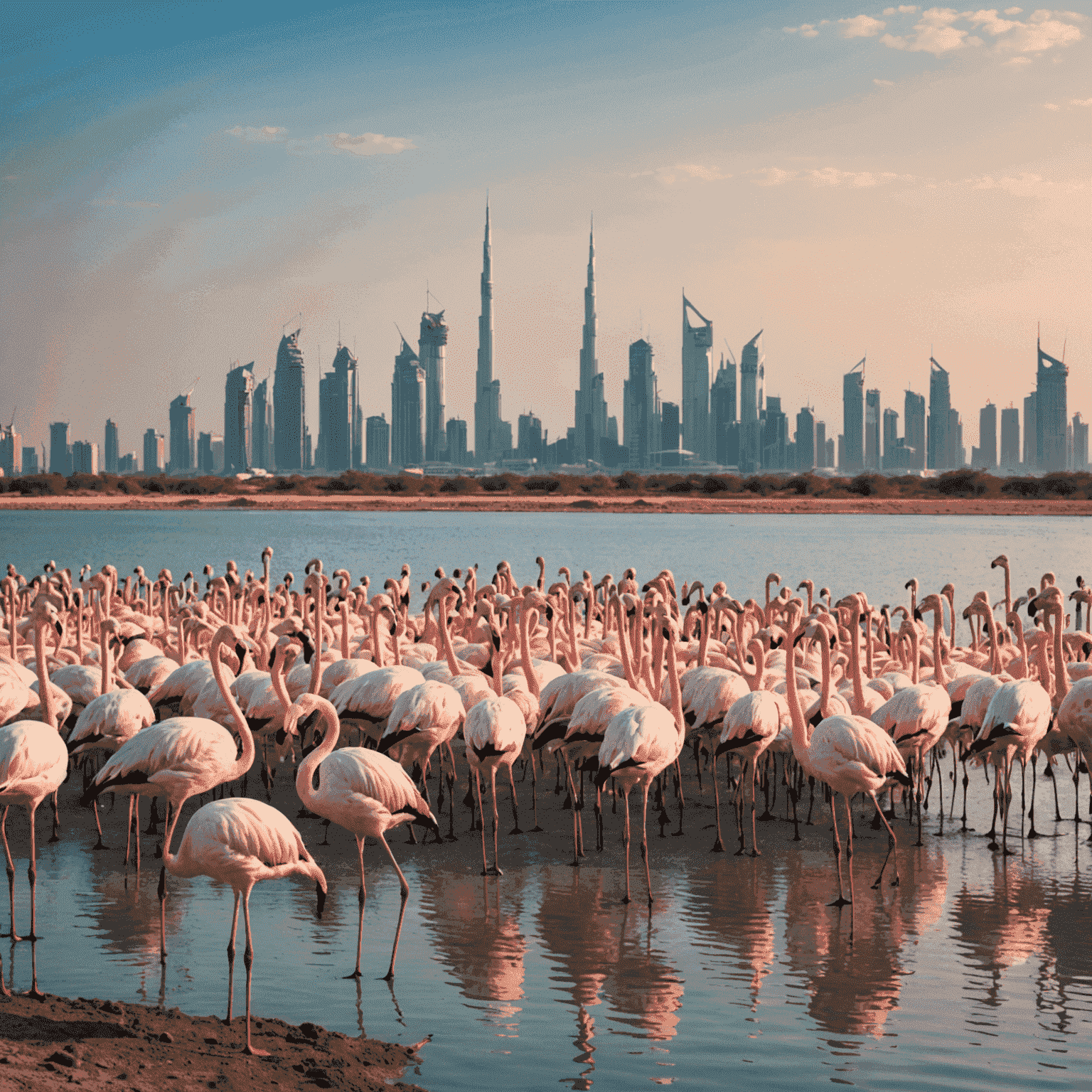 Flock of pink flamingos at Ras Al Khor Wildlife Sanctuary with Dubai's skyline in the background