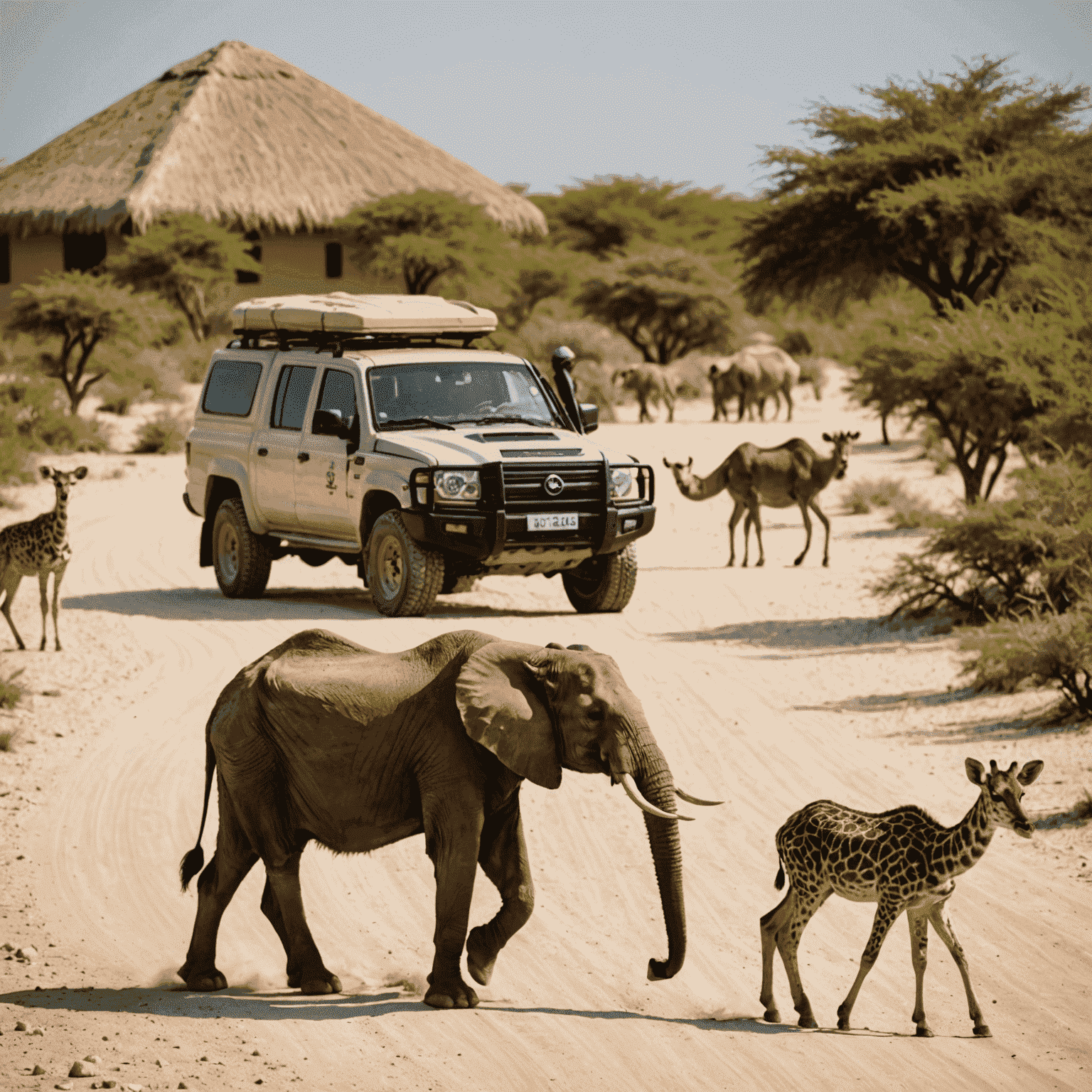 Wildlife roaming freely on Sir Bani Yas Island with eco-lodges in the background