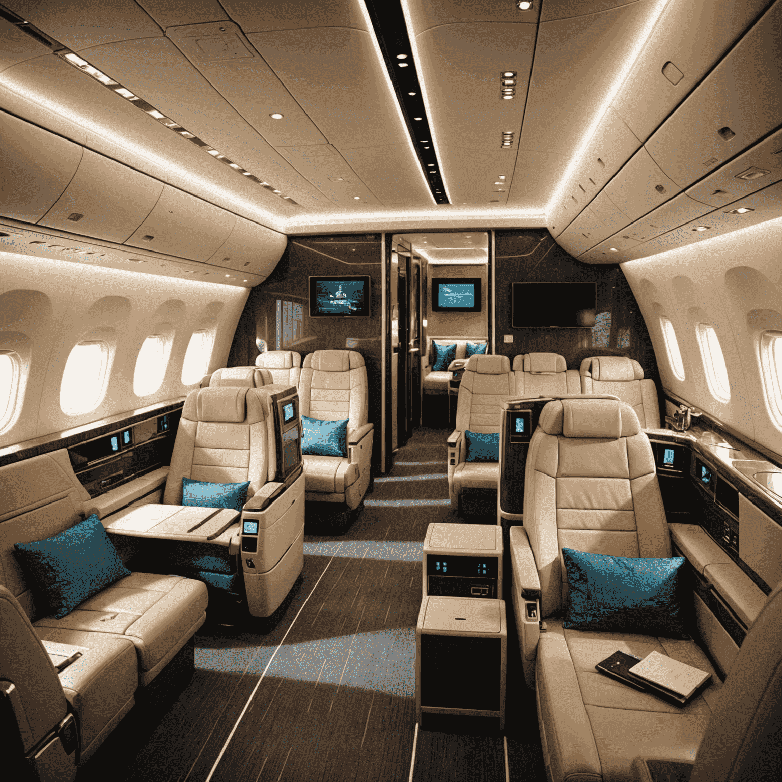 A luxurious business class cabin interior with comfortable seats and modern amenities