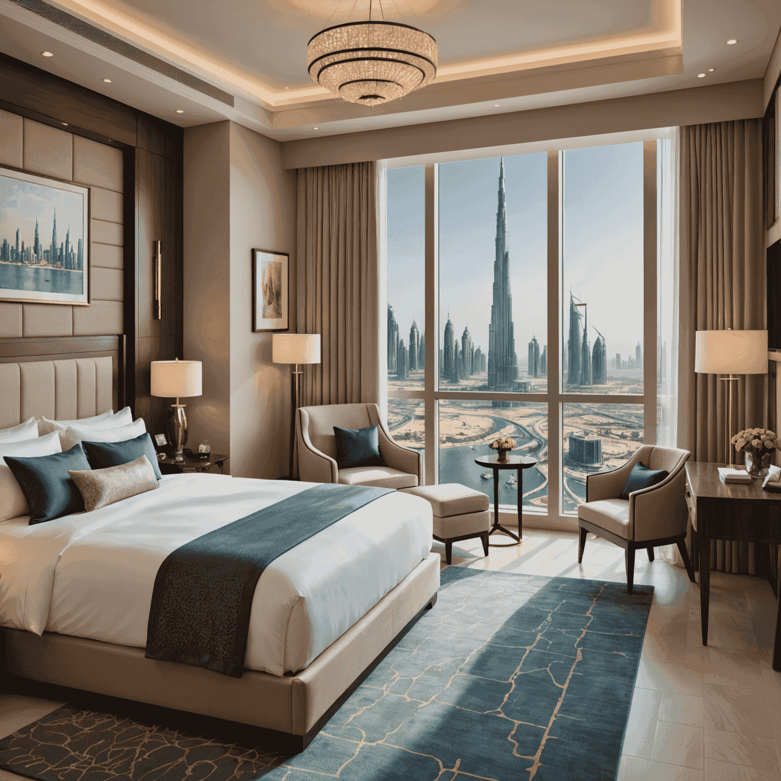 An elegant hotel suite with a king-size bed, modern decor, and a panoramic view of the Dubai skyline through floor-to-ceiling windows.