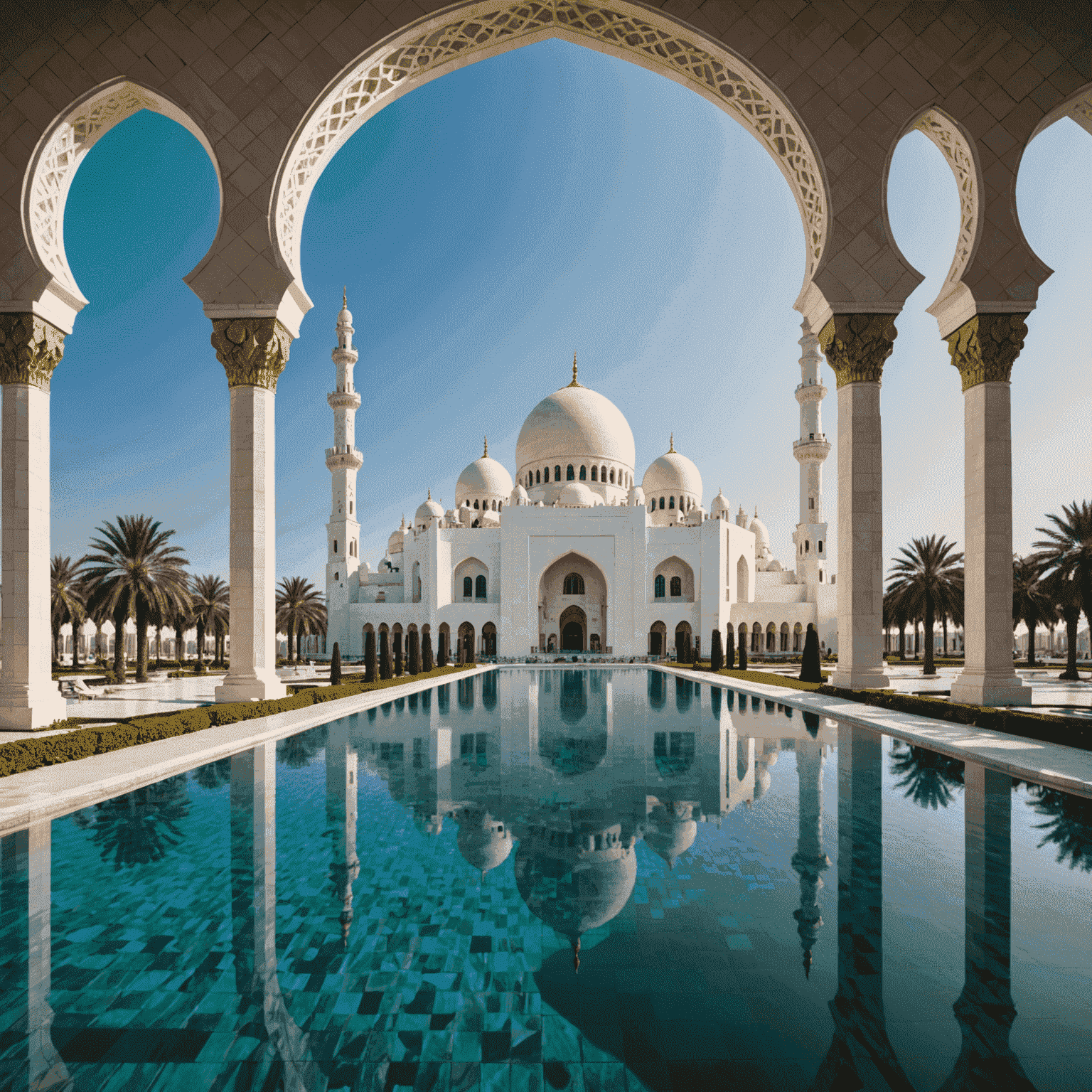 Majestic view of Sheikh Zayed Grand Mosque in Abu Dhabi, with its white domes and intricate architecture reflecting in the surrounding pools