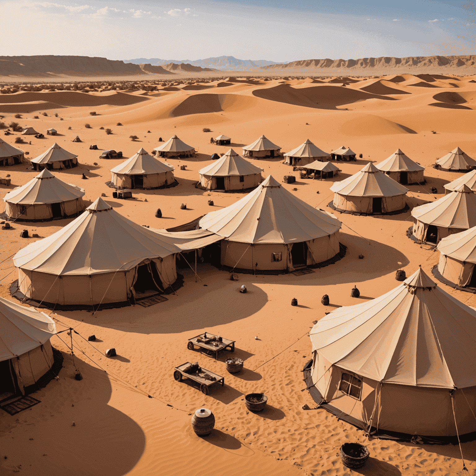 Eco-friendly desert camp with solar panels and traditional Bedouin tents