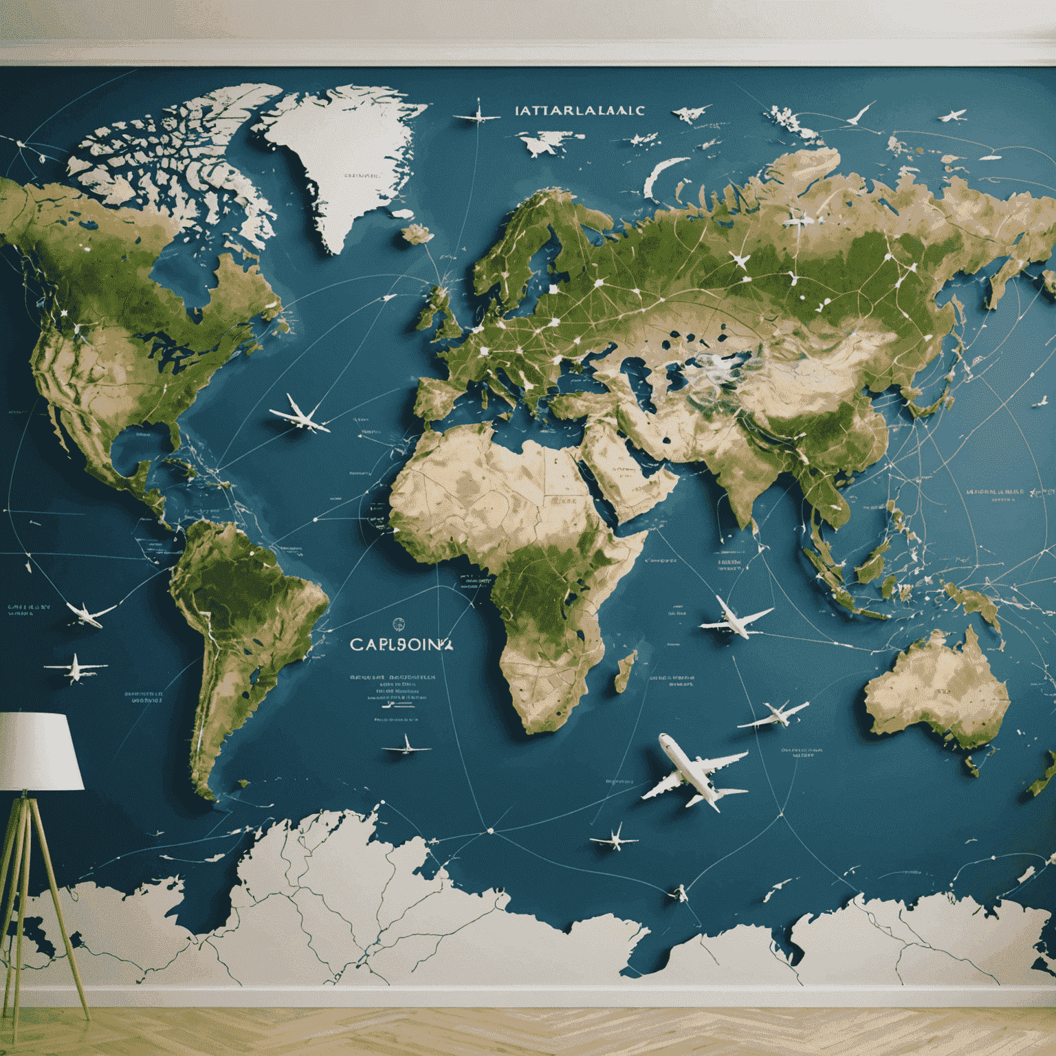 A world map with flight routes connecting major cities, emphasizing global connectivity