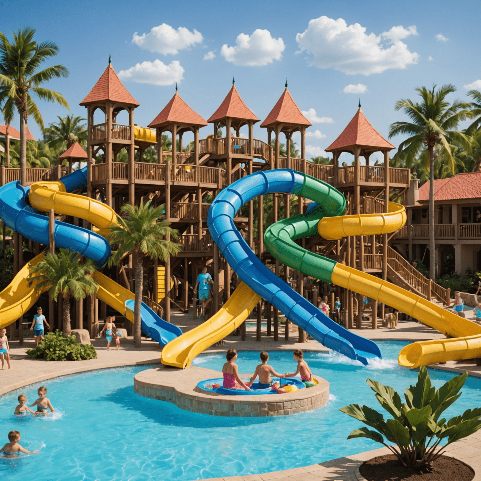 A family-friendly resort with a large pool complex, water slides, and children's play areas. Families can be seen enjoying various activities together.