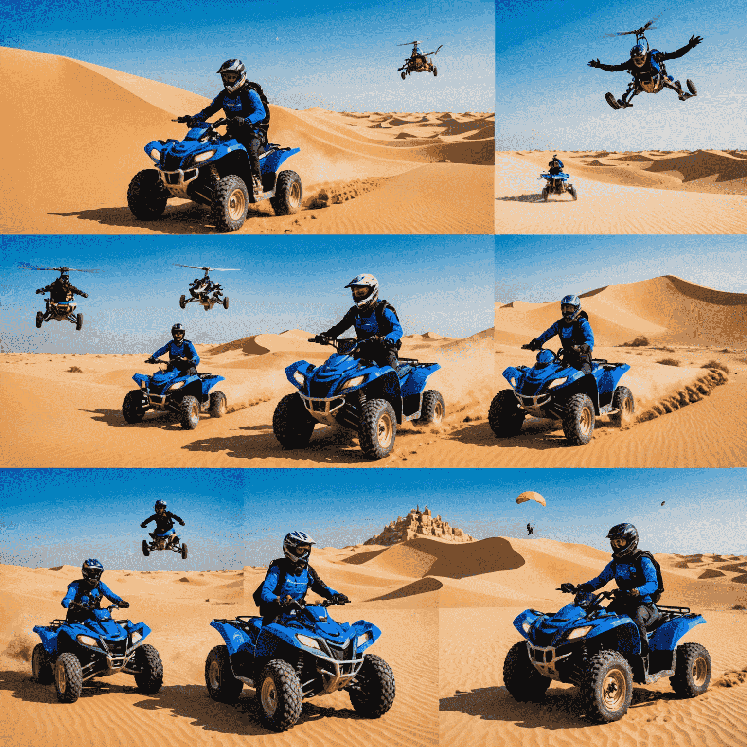 Collage of exciting UAE adventures: desert quad biking, skydiving over Palm Jumeirah, and scuba diving in clear blue waters