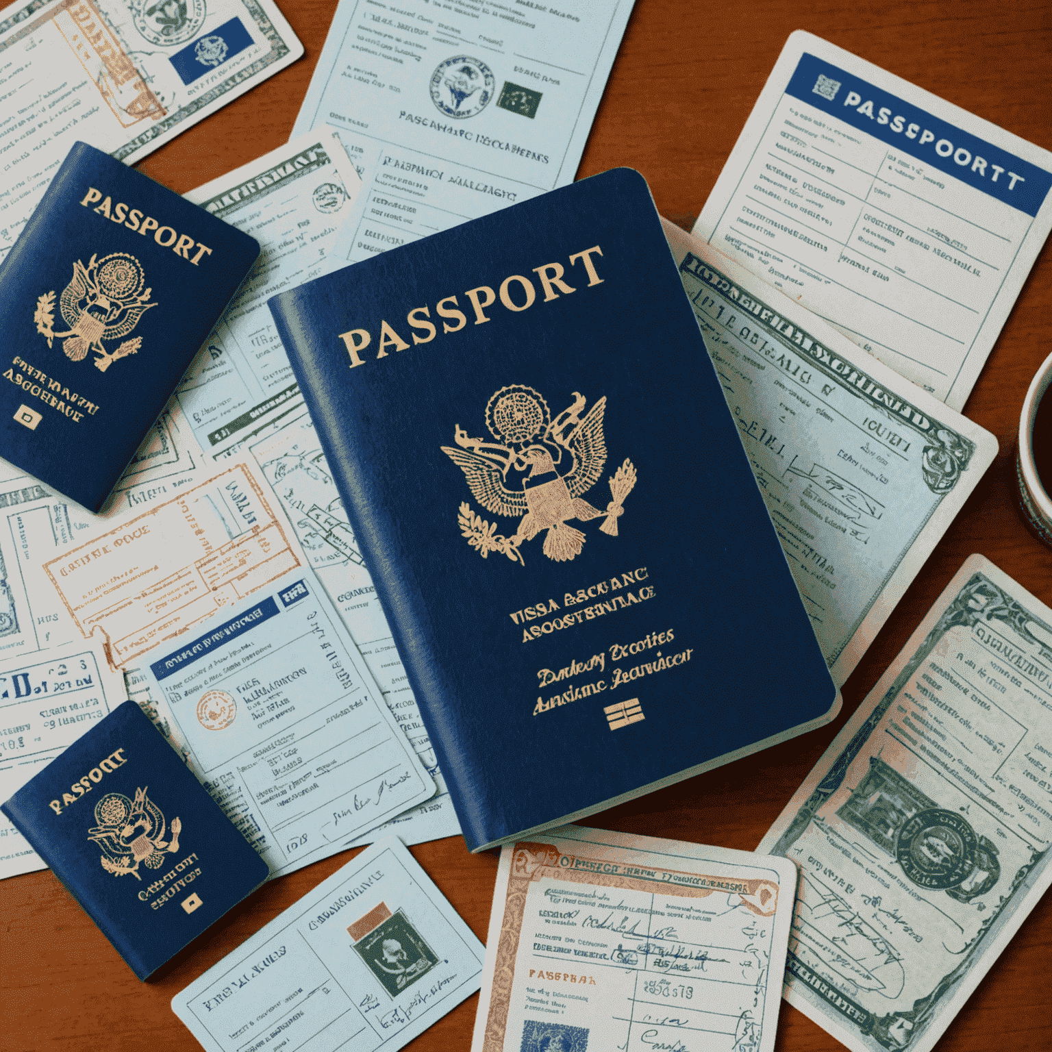 Passport with various visas and stamps, illustrating our visa assistance services