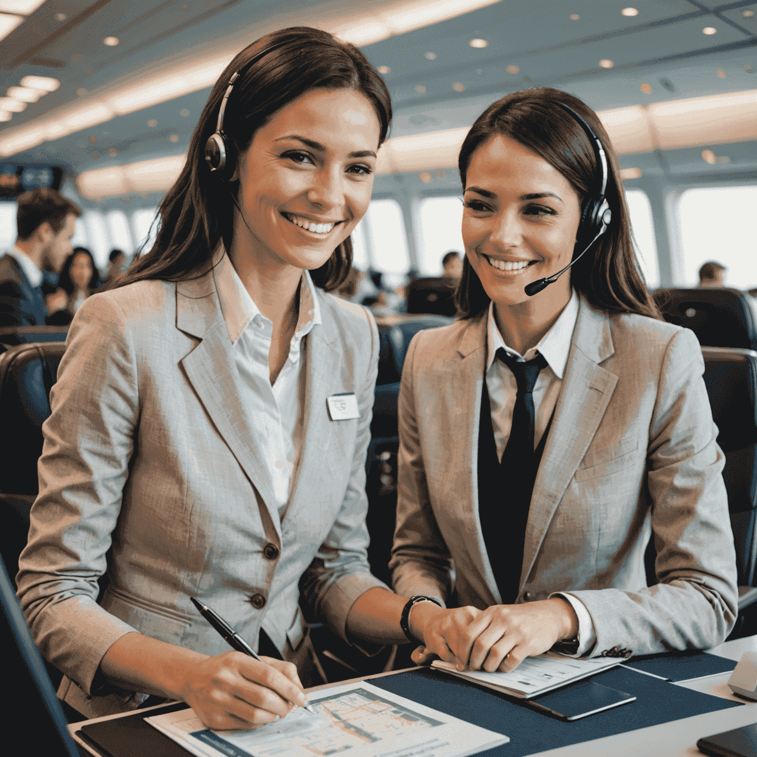 A smiling customer service representative assisting a traveler with their flight booking