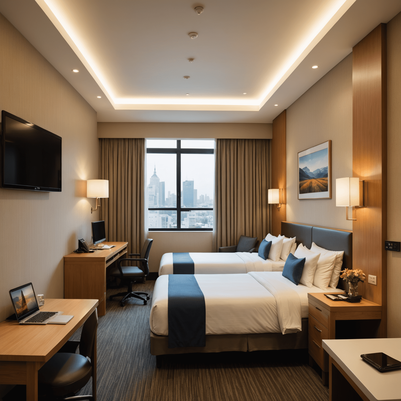 A clean and comfortable budget hotel room with twin beds, a work desk, and basic amenities, ideal for travelers on a budget.