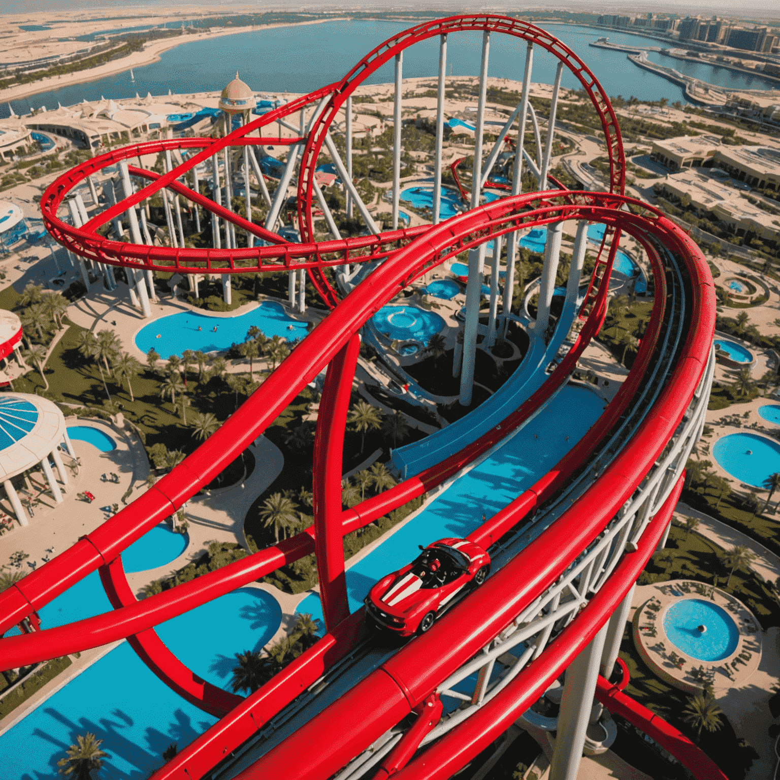 Exciting montage of Dubai's famous theme parks: Ferrari World's red roller coaster, Motiongate's DreamWorks zone, and Aquaventure Waterpark's thrilling slides