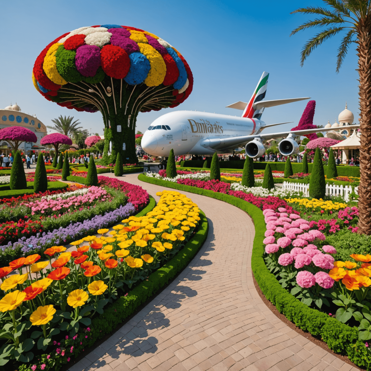 Colorful floral displays and structures at Dubai Miracle Garden, including a flower-covered Emirates A380 airplane