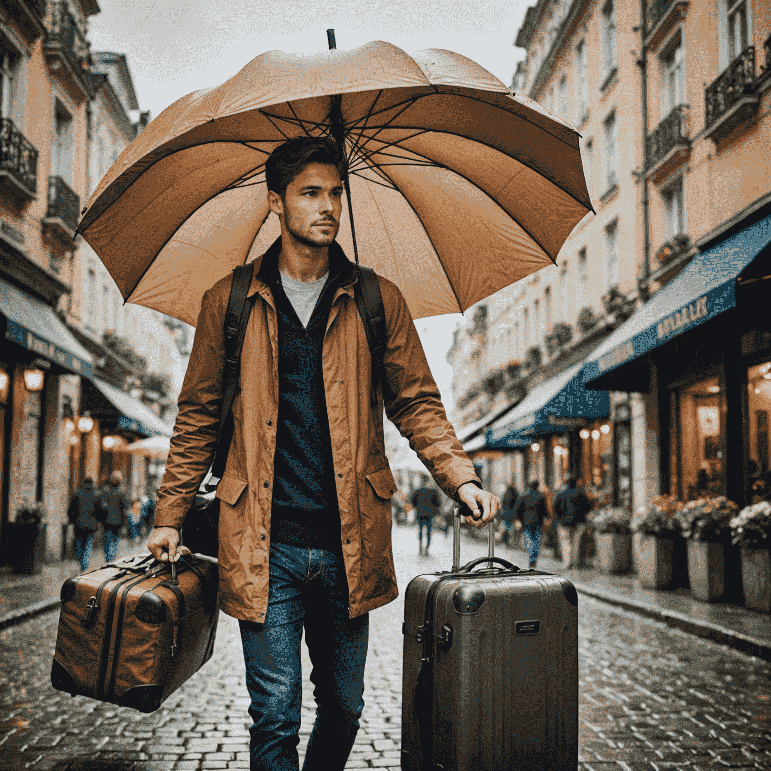 Traveler with luggage protected by an umbrella, symbolizing comprehensive travel insurance