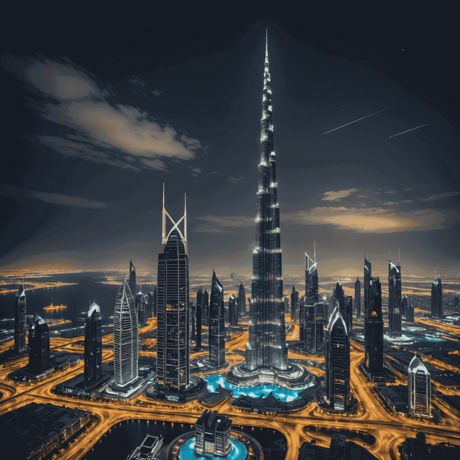 A stunning night view of the Dubai skyline, featuring the Burj Khalifa, Dubai Frame, and other iconic buildings illuminated against the dark sky. The image showcases the city's modern architecture and vibrant atmosphere.