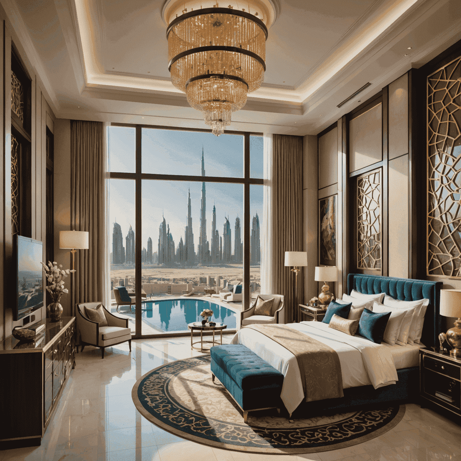 Luxurious Dubai hotel suite with panoramic city views, featuring a private pool and opulent interiors