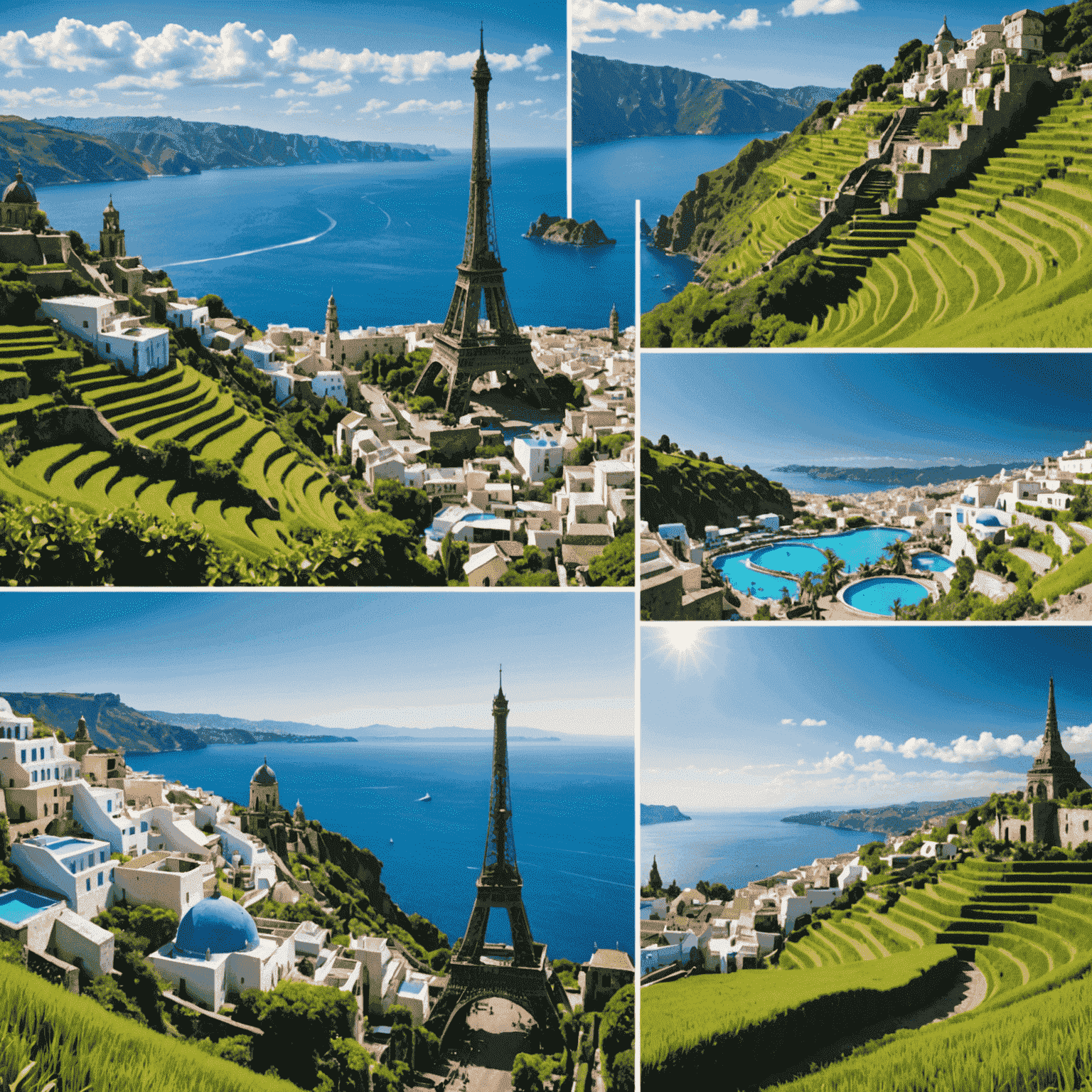 Collage of international destinations: Eiffel Tower in Paris, Santorini's blue domes, and Bali's lush rice terraces